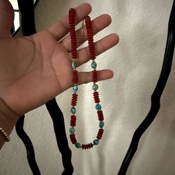 Coral and Kingman Turquoise Beaded Necklace - Picture 7 of 8